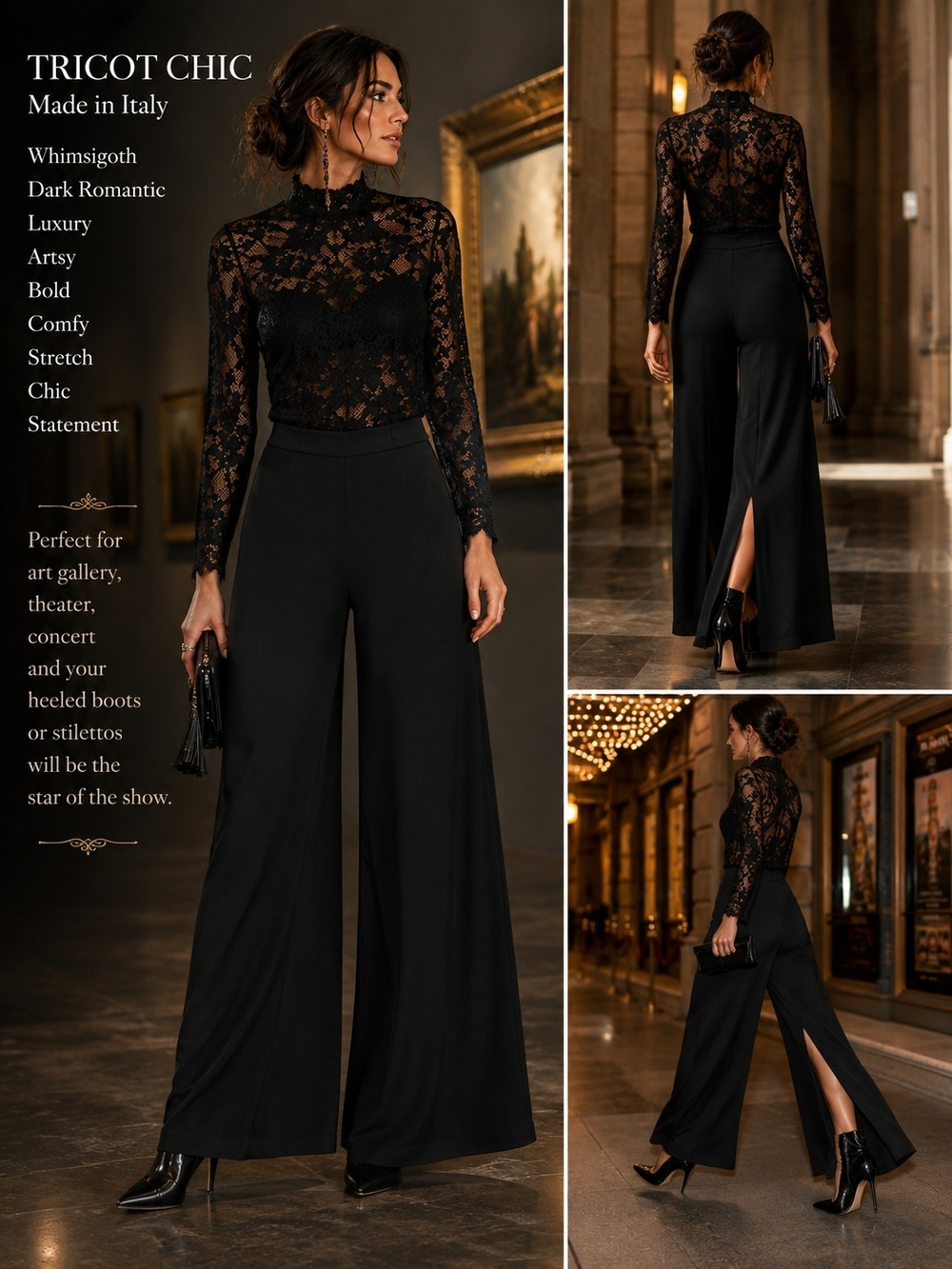 Tricot Chic Made in Italy Black Palazzo Wide Leg Pants 8 Ankle Hem Slit Luxury